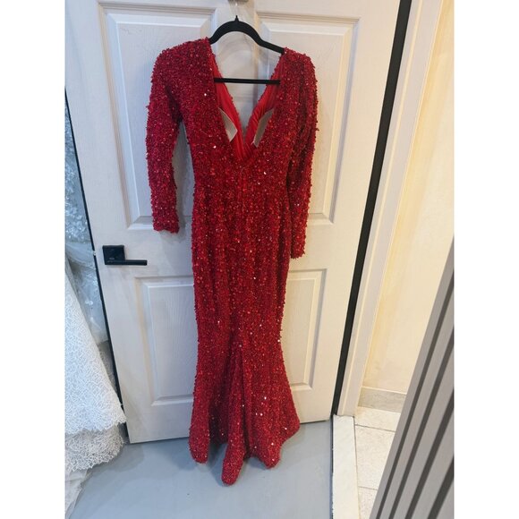 ALBINA DYLA RED EMBELLISHED LONG-SLEEVE DRESS WITH V-NECKLINE - Picture 3 of 4